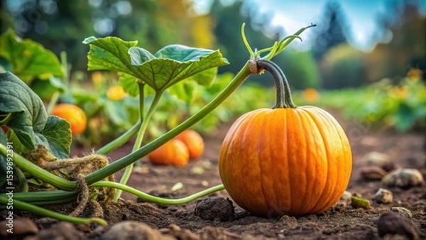 Fototapeta close-up of a fresh pumpkin growing on the ground with climbing vines
