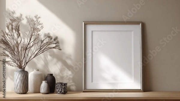 Fototapeta Minimalist empty picture frame with decorative vases and dried plant arrangement