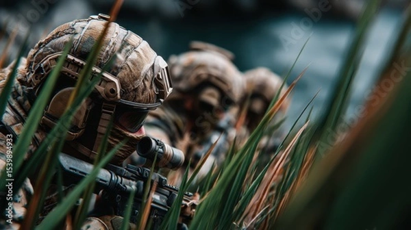 Fototapeta Soldiers in tactical gear navigating through tall grass during a covert operation near a body of water in a natural environment