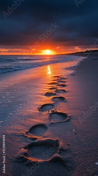 Fototapeta Sunset on the beach with the sun reflecting in the water and footprints in the sand. Suitable for travel blogs and articles about travel.