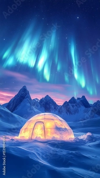 Fototapeta Winter landscape with northern lights and ice dome. Used in articles about nature and traveling to cold regions.