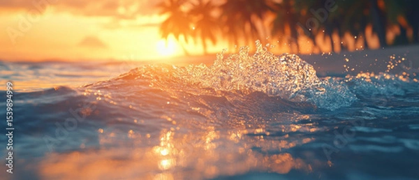 Fototapeta Sun glare on the waves near the shore with palm trees at sunset. Background for meditation and relaxation.