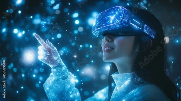Fototapeta Woman in virtual reality with futuristic helmet, interacting with digital interface. Background for technological and innovative themes.