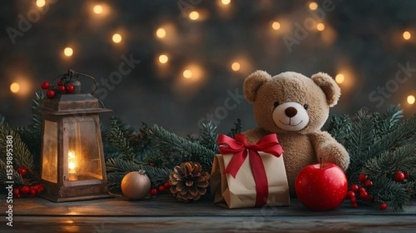 Fototapeta Background with Christmas decorations and teddy bear, will be useful for holiday cards and advertising.