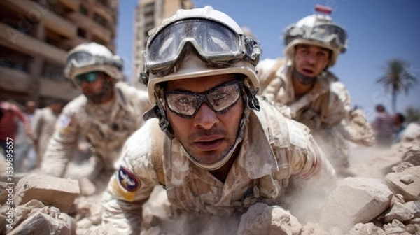 Fototapeta Soldiers engaged in rescue operations amidst rubble in a war-torn urban landscape
