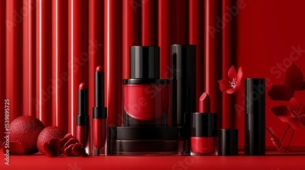 Fototapeta Collection of cosmetics on red background with flower elements, useful for cosmetics ads and fashion magazines.