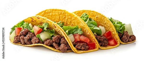 Fototapeta Three delicious tacos filled with meat, tomatoes and herbs, good for cooking blogs and restaurant menus.