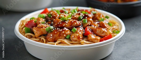 Fototapeta A tasty dish with chicken and vegetables in sauce, served in white dishes, useful for cooking websites and food advertising.