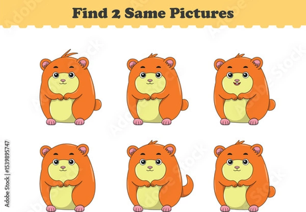 Fototapeta Funny cartoon hamster. Find two same pictures. Educational game for children. Cartoon vector illustration