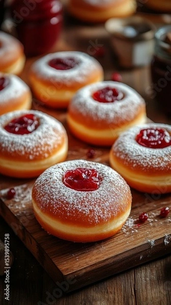Fototapeta Brightly colored doughnuts with filling and powdered sugar on a wooden board, useful for cooking blogs and pastry advertising.