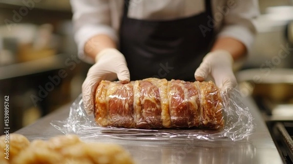 Fototapeta Gloved hands holding foil-wrapped meat, useful for culinary articles and advertising meat products.