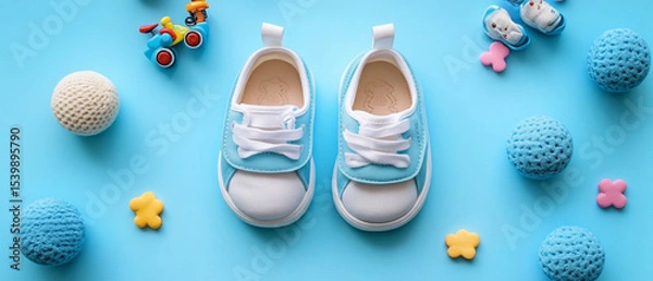 Fototapeta Children's sneakers on toy background, useful for children's products and advertising.