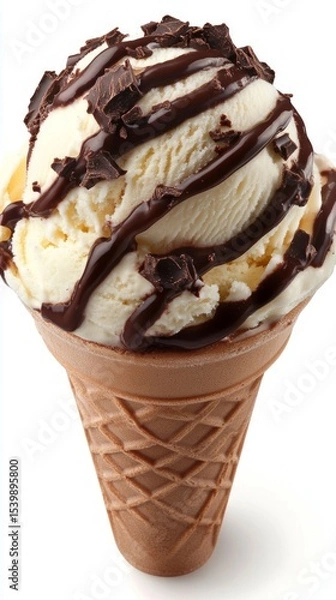 Fototapeta Delicious ice cream in a waffle cup with chocolate topping and chocolate chunks, good for promoting desserts and summer treats.