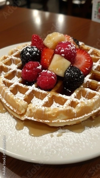 Fototapeta Delicious Belgian waffle with berries and whipped cream, useful for cooking blogs and articles about desserts.