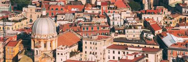 Fototapeta Naples, Italy. Top View Cityscape Skyline With Famous Landmarks In Sunny Day. Many Old Churches And Temples