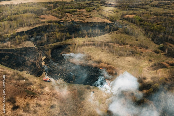 Fototapeta Wild Open Fire Destroys Grass. Aerial View Of Dry Grass Burns During Drought And Hot Weather. Concept Of Save Nature. Bush Fire And Smoke In Meadow Field. Nature In Danger. Natural Disaster