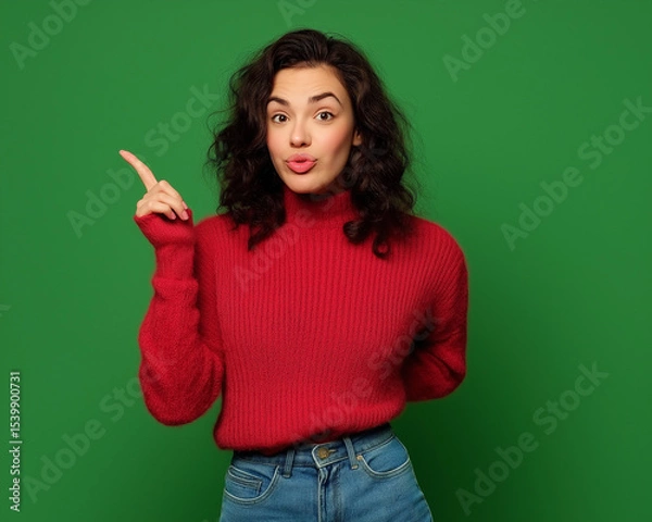 Fototapeta Full-Body Portrait of a Happy Woman in a Red Sweater and Blue Jeans, Pointing to the Side on a Green Background – Studio-Quality Lighting, Perfect for Advertising & Marketing