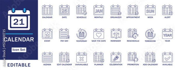 Fototapeta Calendar Icon Set. Featuring editable flat vector icons for schedule, date, planner, appointment, reminder, event, and organization. Perfect for apps, and web interface.
