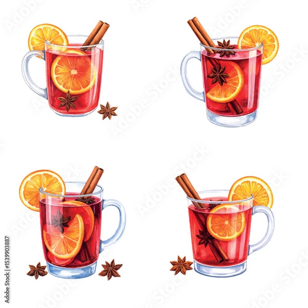 Fototapeta Watercolor vector set of mulled wine for Christmas and New Year
