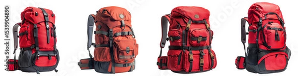 Fototapeta Collection of large red hiking backpacks, isolated on a transparent background