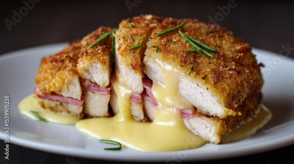 Fototapeta Crispy Chicken Cordon Bleu with Cheese Sauce