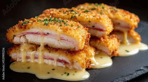 Fototapeta Crispy Chicken Cordon Bleu with Cheese Sauce