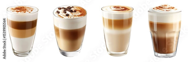 Fototapeta Collection of latte macchiatos, isolated on a transparent background