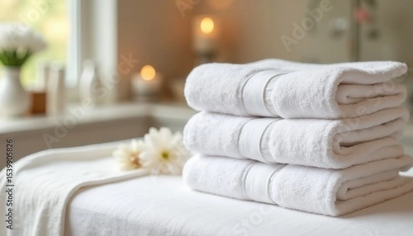 Fototapeta Stack of fresh white towels neatly arranged on a table in a tranquil spa setting. Soft candlelight adds warmth and relaxation. Wellness, hospitality, and beauty industries promoting serenity and care.
