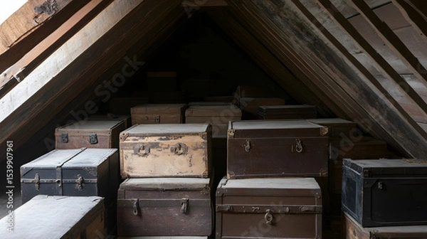 Fototapeta Dimly lit attic filled with dusty old wooden trunks and chests, evoking sense of mystery and nostalgia in quiet, shadowy space