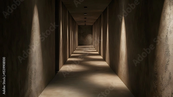 Obraz Dimly lit corridor with textured walls and ceiling lights casting long shadows along floor, creating mysterious and moody atmosphere in narrow passageway