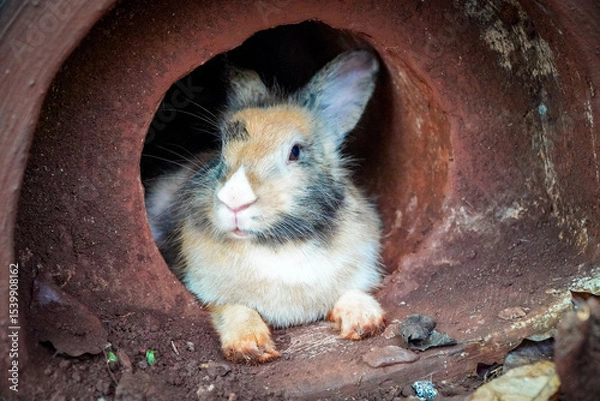 Fototapeta A rabbit with brown, black, and white fur peeks out from a terracotta-colored tunnel.