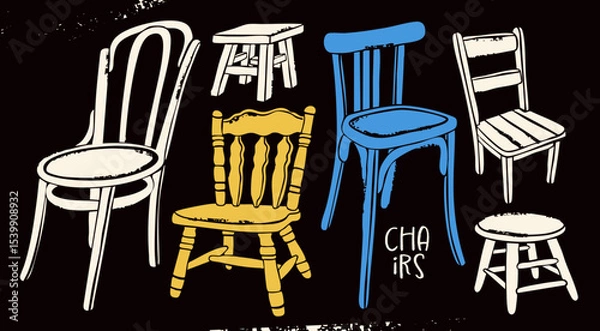 Fototapeta Various Chairs, furniture set. Traditional, elegant dining setting, tall short chair, stool, wood decor. Different positions. Hand drawn Vector illustration. Isolated design elements. Wooden aesthetic