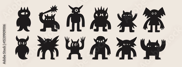 Fototapeta Abstract little black Monsters or fantastic animals. Various quirky funny creatures. Cartoon childish style. Cute characters. Hand drawn trendy Vector illustration. Isolated design elements