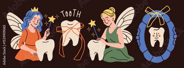 Fototapeta Tooth fairy with wings, magic wand. Teeth with ribbon, frame. Сute magic character. Hand drawn Vector illustration. Isolated design elements. Medical cabinet, children dentist, tooth lost concept