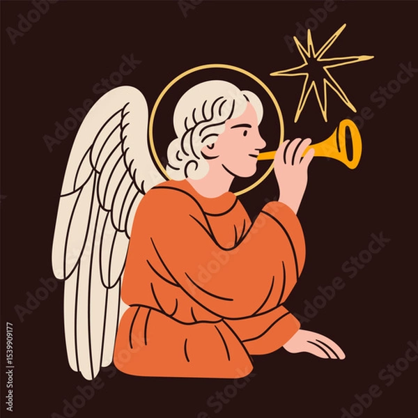 Fototapeta Angel blowing horn in colorful robe. Praying angel, Saint, creature with wings, halo. Hand drawn trendy Vector illustration. Isolated design element. Print, logo, card template
