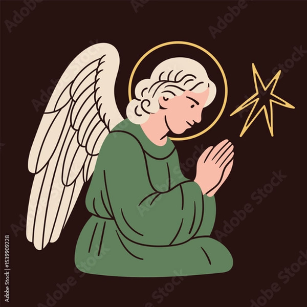 Fototapeta Angel in colorful robe. Praying angel, Saint, creature with wings, halo. Hand drawn trendy Vector illustration. Isolated design element. Print, logo, card template