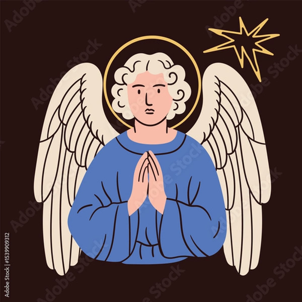Fototapeta Angel in colorful robe. Praying angel, Saint, creature with wings, halo. Hand drawn trendy Vector illustration. Isolated design element. Print, logo, card template