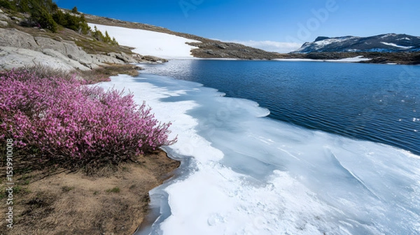 Obraz Frozen lake with blooming pink flowers on shore under clear blue sky in mountainous landscape, creating serene and refreshing spring scene