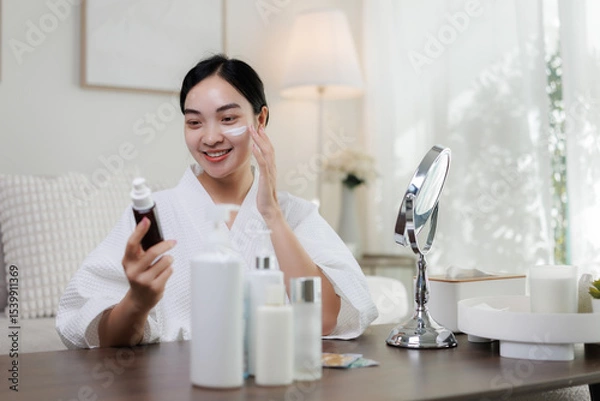 Fototapeta Smiling woman applying moisturizer on face at home
