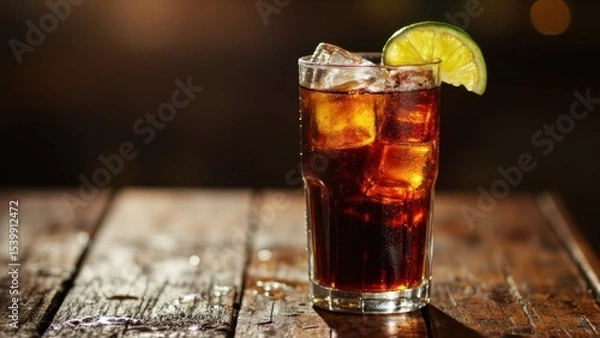 Obraz 
a tall glass of cuba libre with ice and a lime wedge on a rustic wooden table against a dark, blurred background. concept for a refreshing summer drink