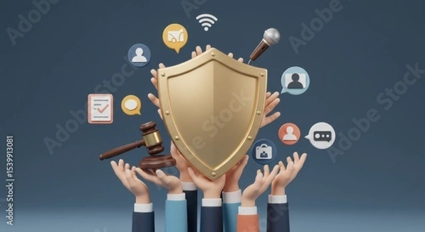 Fototapeta Comprehensive Digital Security and Legal Protection:  A 3D Render of Hands Lifting a Protective Shield with Associated Legal and Communication Icons