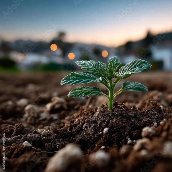 Obraz Single green seedling sprouting from pale beige earth under warm sunlight