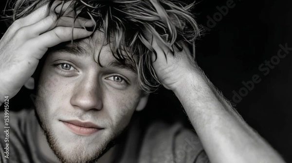 Obraz A black and white image of a young man with a quirky expression holding his hair