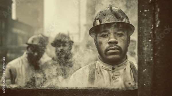 Obraz Low angle shot of an African-American steelworker hammering metal beam in factory