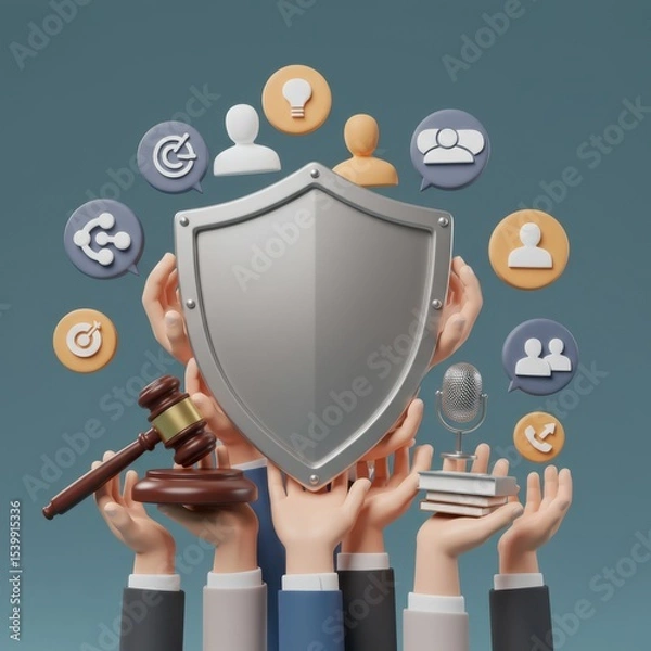 Fototapeta Data Security and Legal Protection: A 3D Render of Hands Holding a Protective Shield with Legal and Communication Icons