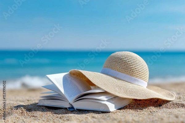 Obraz A straw hat rests atop an open book, positioned invitingly on a sandy beach with a sun-kissed and serene seascape in the distance. The scene evokes a feeling of tranquility and escape.