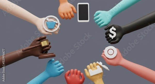 Fototapeta Global Collaboration Diverse Hands Holding Diverse Icons  Symbolize Unity Teamwork and Globalized Business