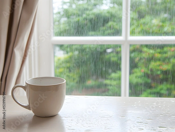 Obraz Empty white coffee cup sits on wet table by window with rain falling outside, creating calm and cozy atmosphere on rainy day