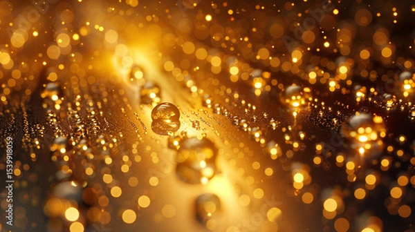 Fototapeta Droplets on metal surface with macro focus and reflective lighting.