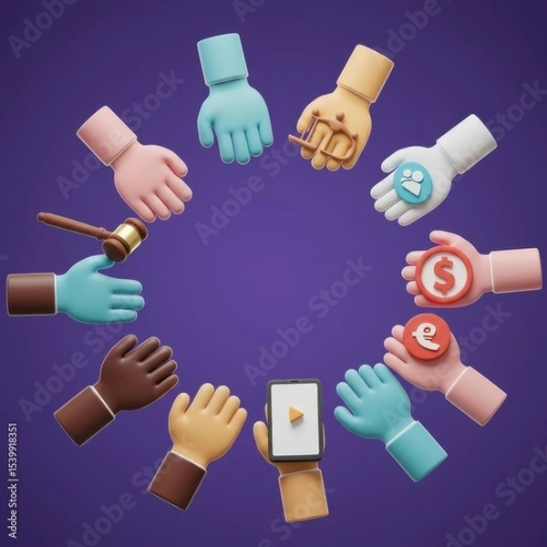 Fototapeta Global Collaboration: Diverse Hands Unite Around Digital Icons and Legal Symbol, Representing International Business and Legal Cooperation